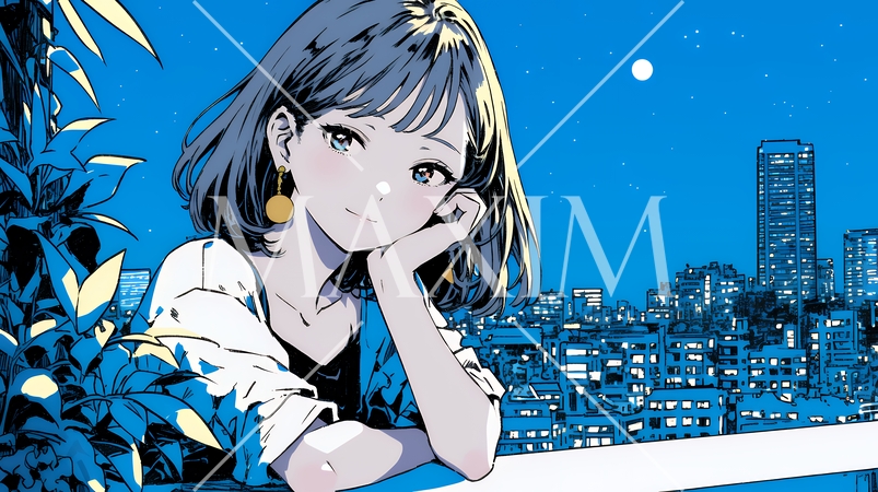 ベランダで夜風に当たりながら都会のランドスケープを眺め休む若い女性