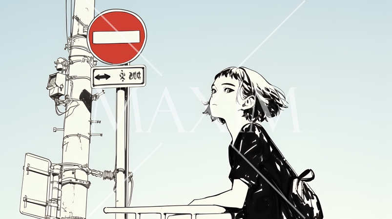 Noという意思表示：進入禁止マークと無表情な女性で表現（シンプルな色使い）