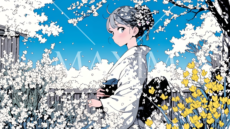 梅花と和服姿の若い女性