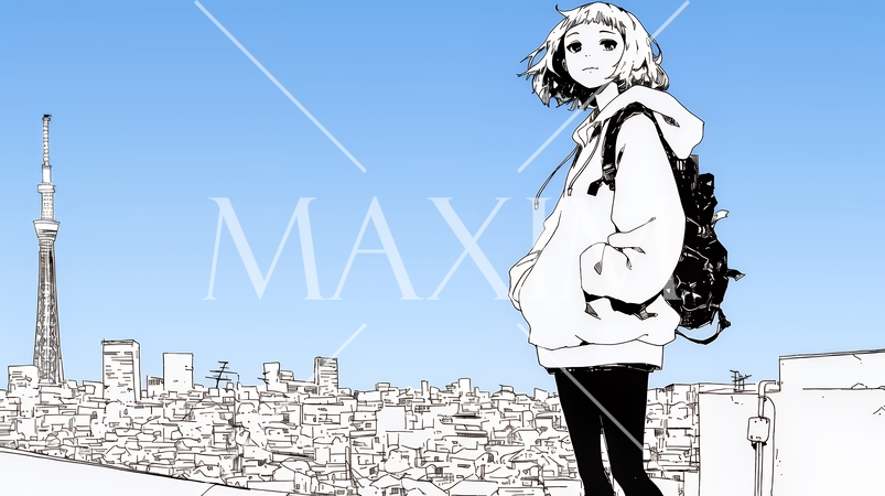 若い女性が佇む都市の街角（シンプルな色使い）