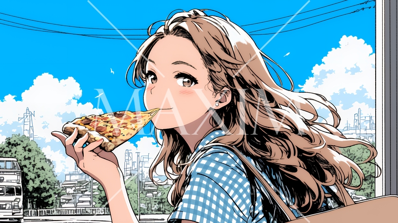 ピザを食べている若い女性