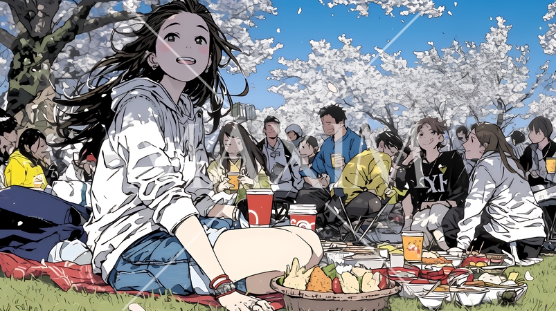 満開の桜の下で仲間たちと花見宴会