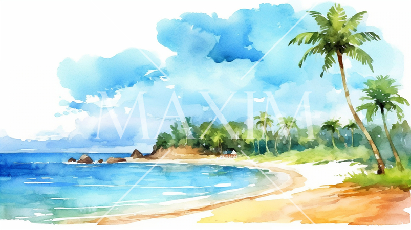 南の島の浜辺と空の背景イメージの水彩画