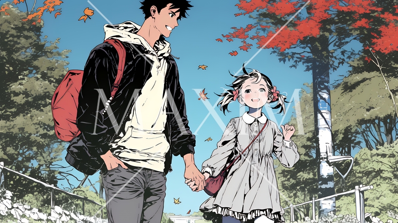 紅葉の小径を仲良く歩く少女と父親