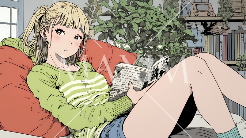 読書の秋：リビングルームで本を読んでいる若い女性