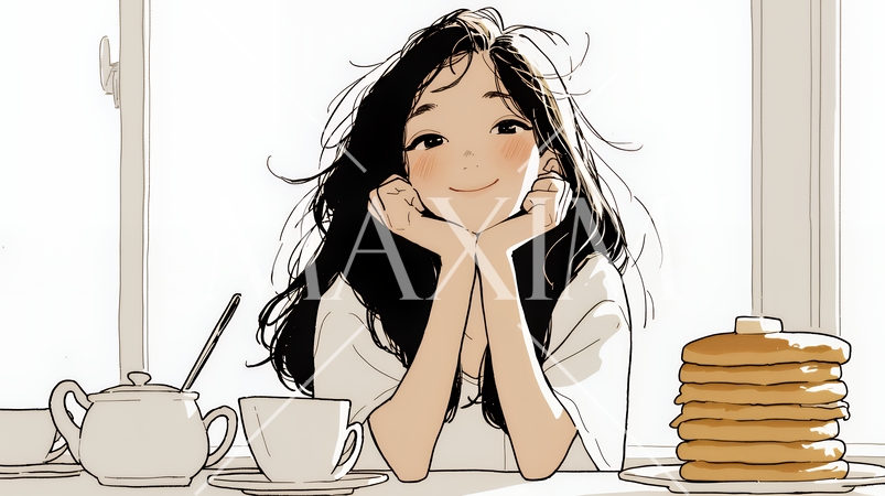 早朝のダイナー（喫茶店）でパンケーキ（モーニングセット）を食べる若い女性（シンプルな色使い）
