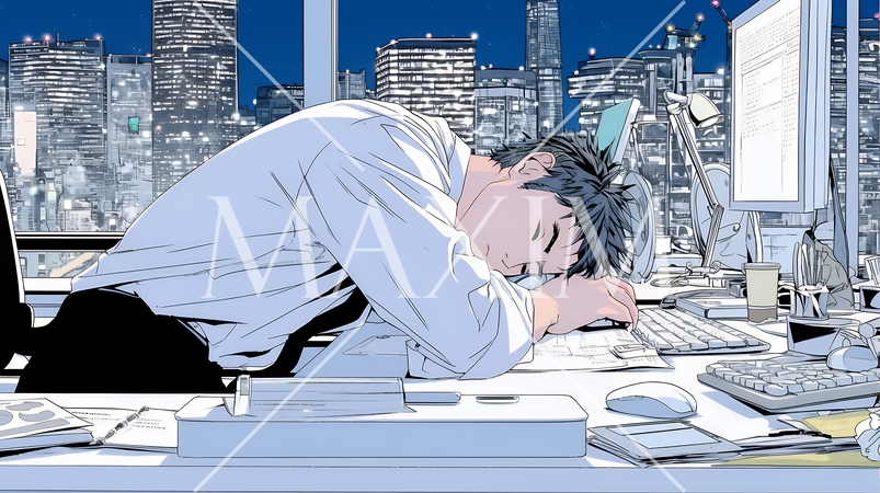 夜遅くまで残業するビジネスマン｜疲れた表情でパソコン作業をする会社員のビジネスイメージ