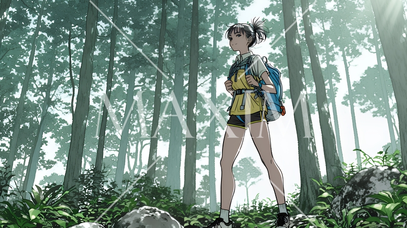 初夏の森でトレッキングを楽しむ若い女性｜新緑とアウトドアの爽やかなライフスタイル