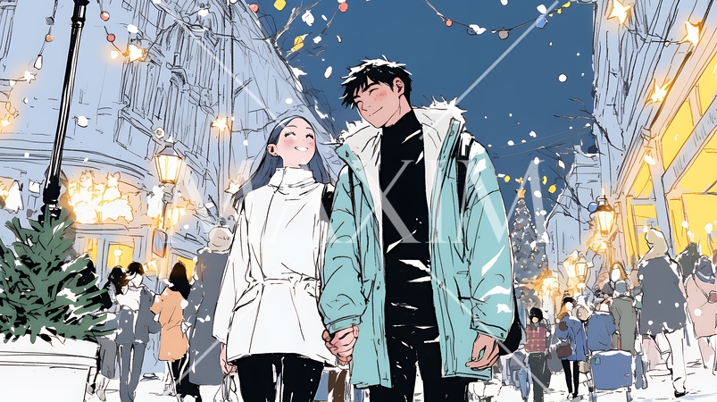 クリスマスイルミネーションの街でデートしているカップル