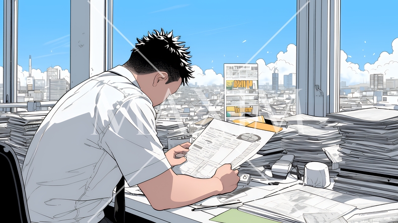 オフィスのデスクで、入念に書類をチェックする男性