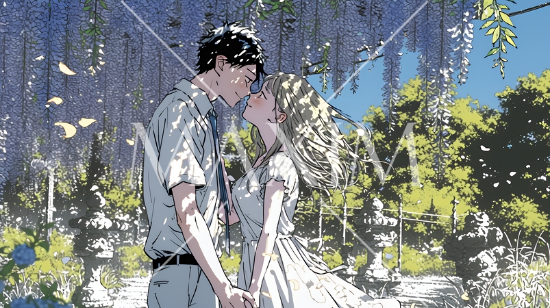 満開の藤の木の下でデートをしている若いカップル