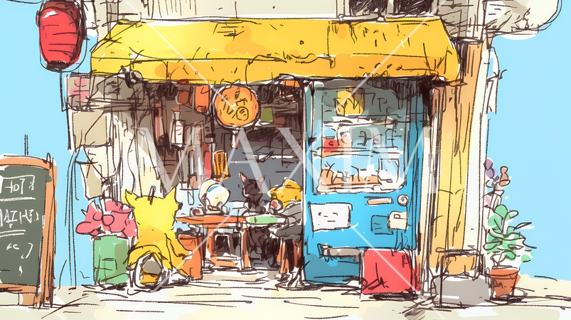 昭和の匂いがする昔ながらの飲み屋（クレヨンと水彩画風）