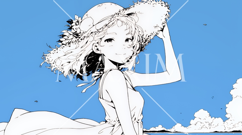 夏休みの思い出：海辺の町への一人旅（シンプルな色使い）