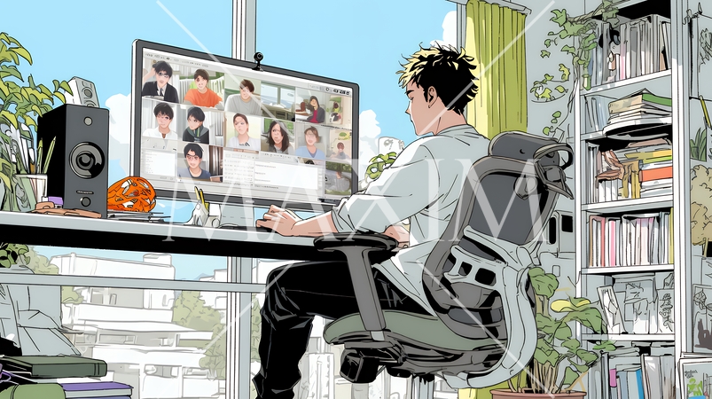 自宅からオンライン会議・授業に参加している男性