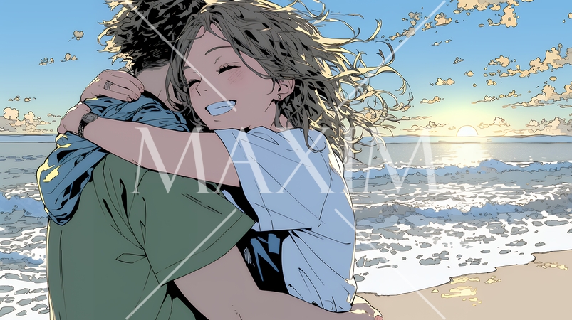 夕方の海辺でハグする（抱き合う）若い恋人たち