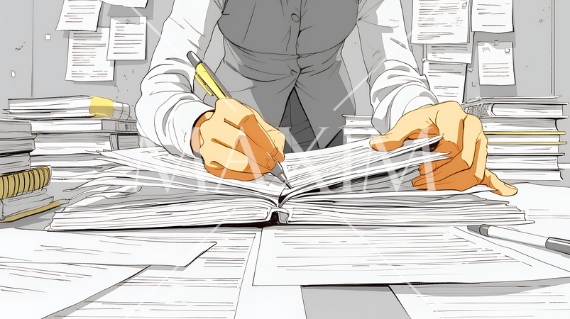 オフィスのデスクで、入念に書類をチェックする女性