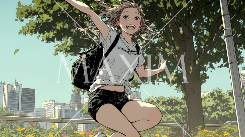 喜びにあふれ、軽やかにスキップする若い女性