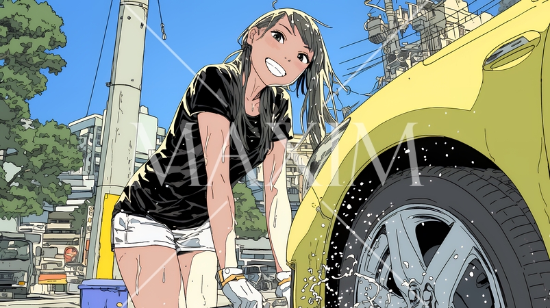 晴れた日に洗車をする若い女性｜青空と水しぶきの爽やかなライフスタイルシーン
