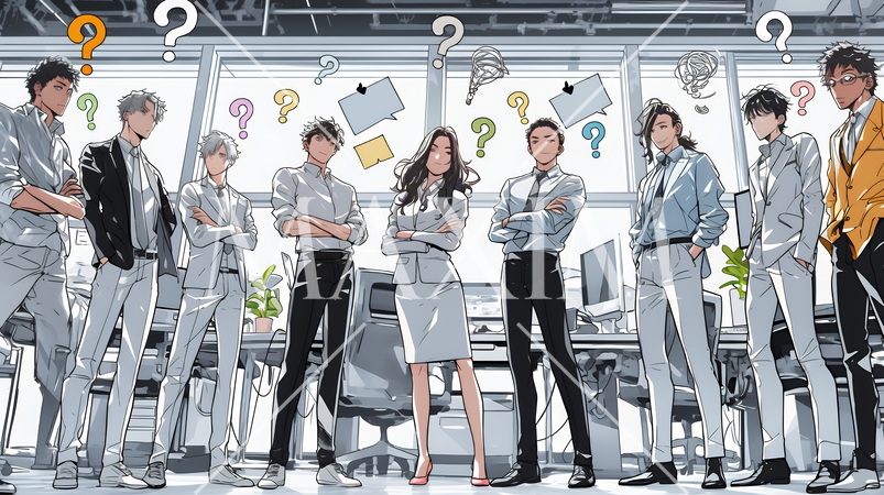 数人のビジネスパーソンが腕組みをして疑問を抱いた顔をしている