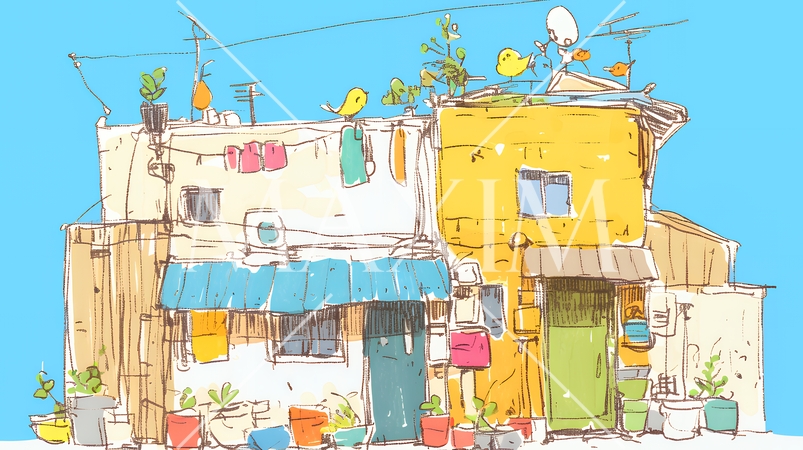 昭和の匂いがする昔ながらの飲み屋（クレヨンと水彩画風）