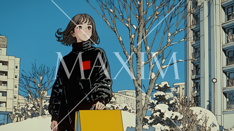 冬枯れの街を歩く若い女性