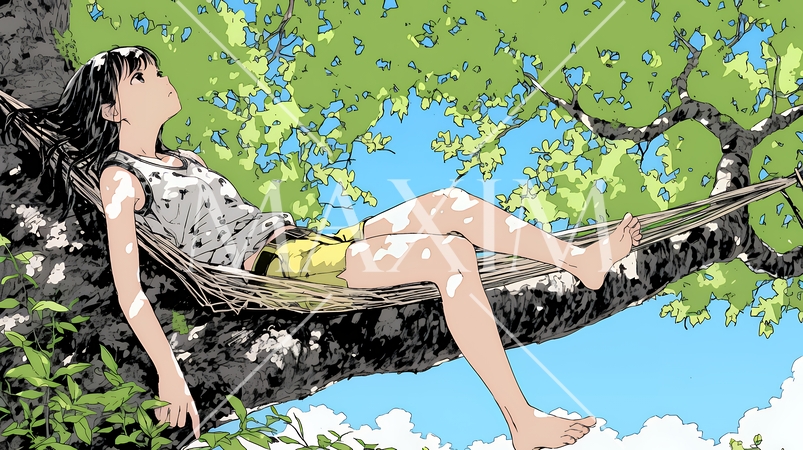のんびり・ゆったり：夏の昼下がり木陰のハンモックで寛いでいる若い女性