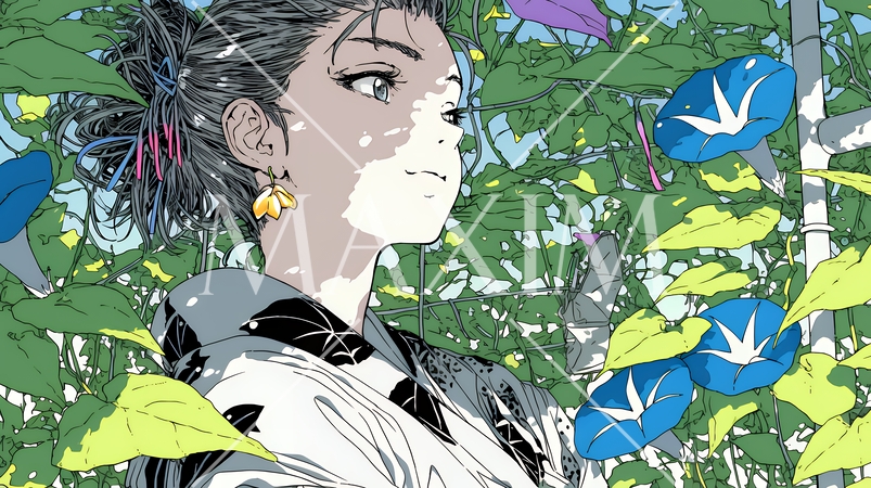 アサガオと浴衣姿の若い女性