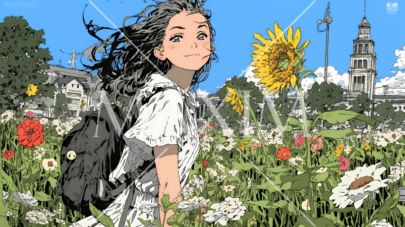 夏の晴天の日、ひまわりの畑を散策している黒髪の若い女性