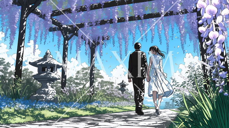 満開の藤の木の下でデートをしている若いカップル