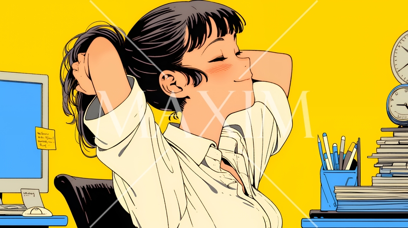 仕事の合間にストレッチ（伸び）をする女性