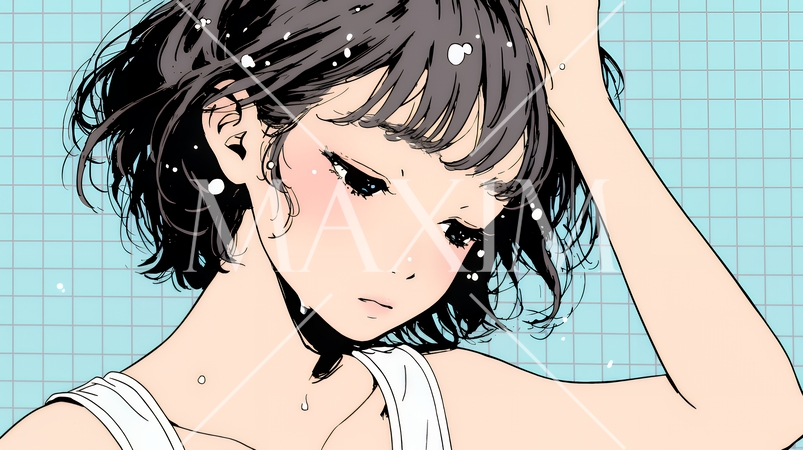 ヘアーシャワーの後の濡れ髪の若い女性