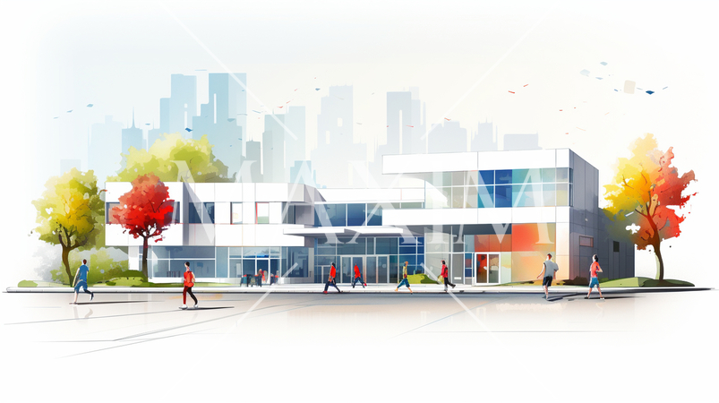 大学のキャンパスのイメージの水彩画