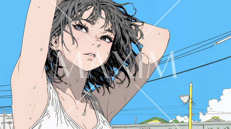 強烈な日差しでヘトヘト状態の女性（シンプルな色使い）