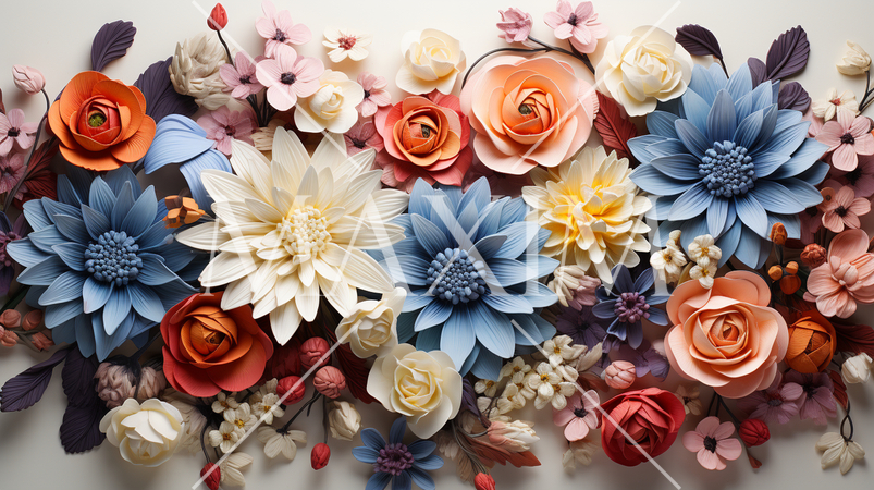 画面いっぱいに色形の違う花のアクセサリーデザインがある：精緻CG