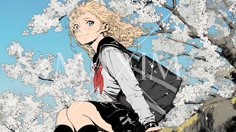 満開の桜の木の下を歩く制服姿の女子高生