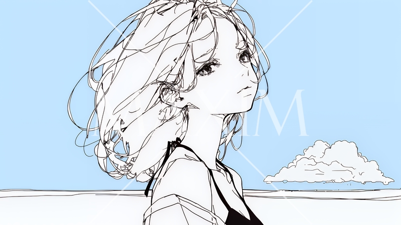 一人旅の若い女性と夏のビーチの風景（シンプルな色使い）