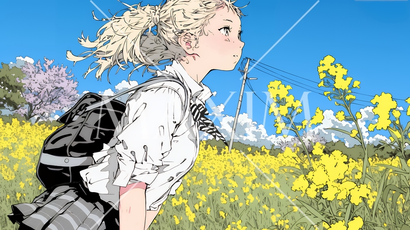 春風の中、菜の花畑にいる制服姿の女子高生
