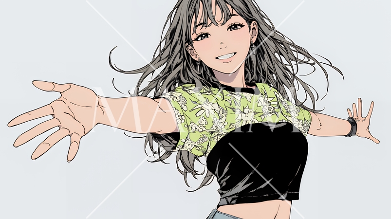 両手を広げて歓迎・驚きの仕草をしている若い女性