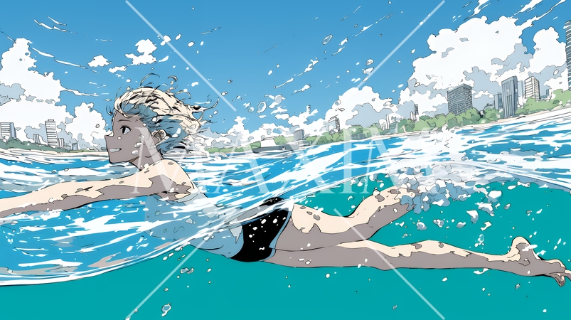 海で泳いでいる若い女性