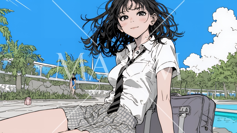 制服姿の女子高生：通学。公園の水辺で休憩。