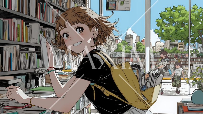 書店で本を選ぶ女子高生