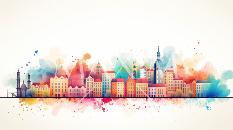 ビルが建ち並ぶ都市の外観イメージの水彩画