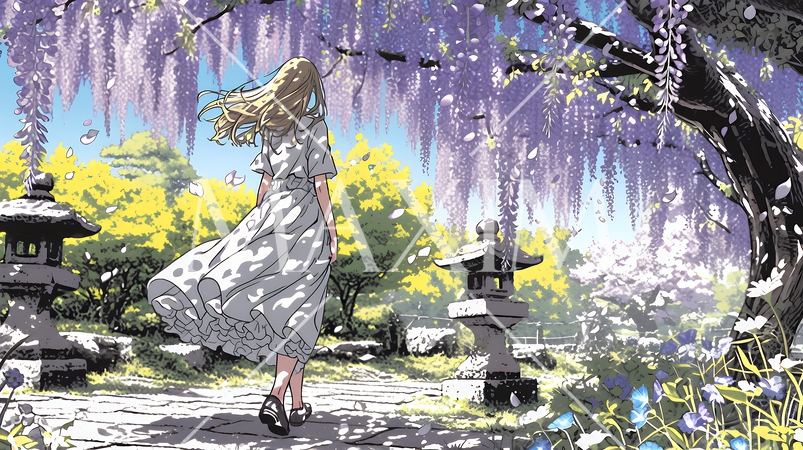 満開の藤の花の下を歩いている若い女性