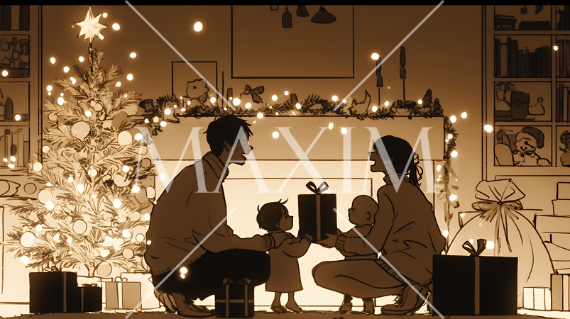 仲良し親子の楽しいクリスマス（シンプルな色使い）