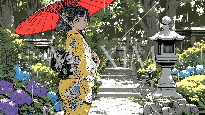 あじさいの小径を和服で歩く若い女性