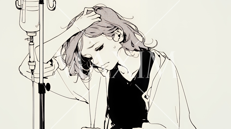 病院のベッドに腰掛けて気落ちしている女性（シンプルな色使い）