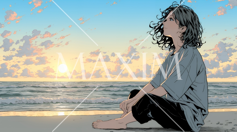 のんびり・ゆったり：夏のビーチで夕日を眺める若い女性