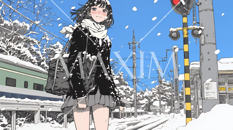 雪の日に通学する女子高生