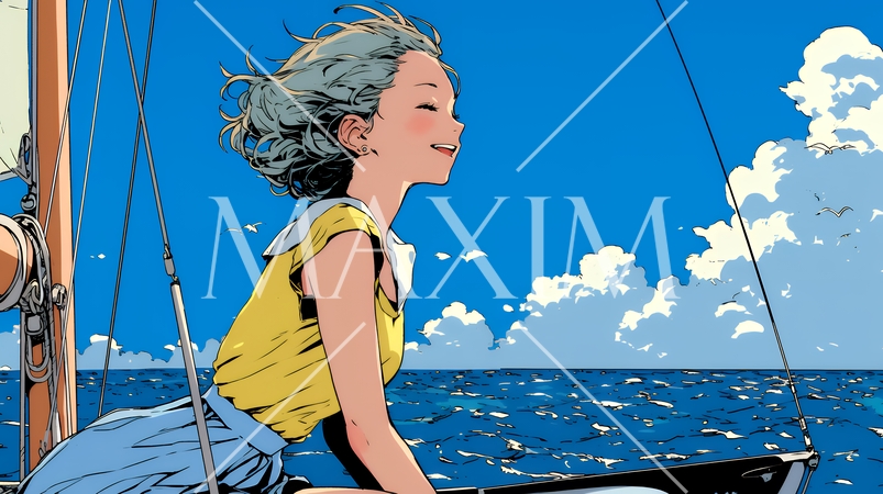 ヨットに乗っている若い女性