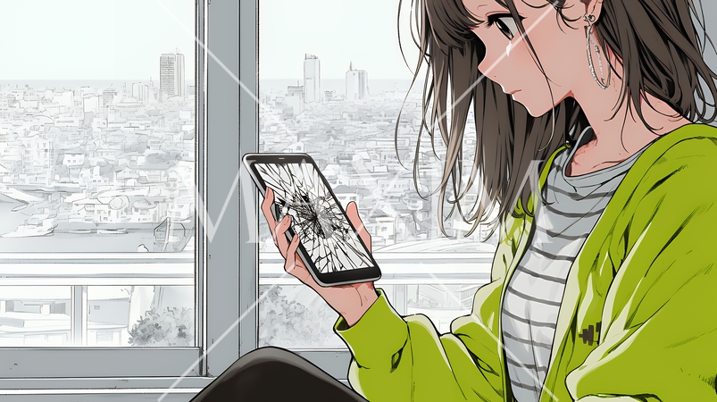 画面が激しく割れているスマートフォンを手にしているいる若い女性